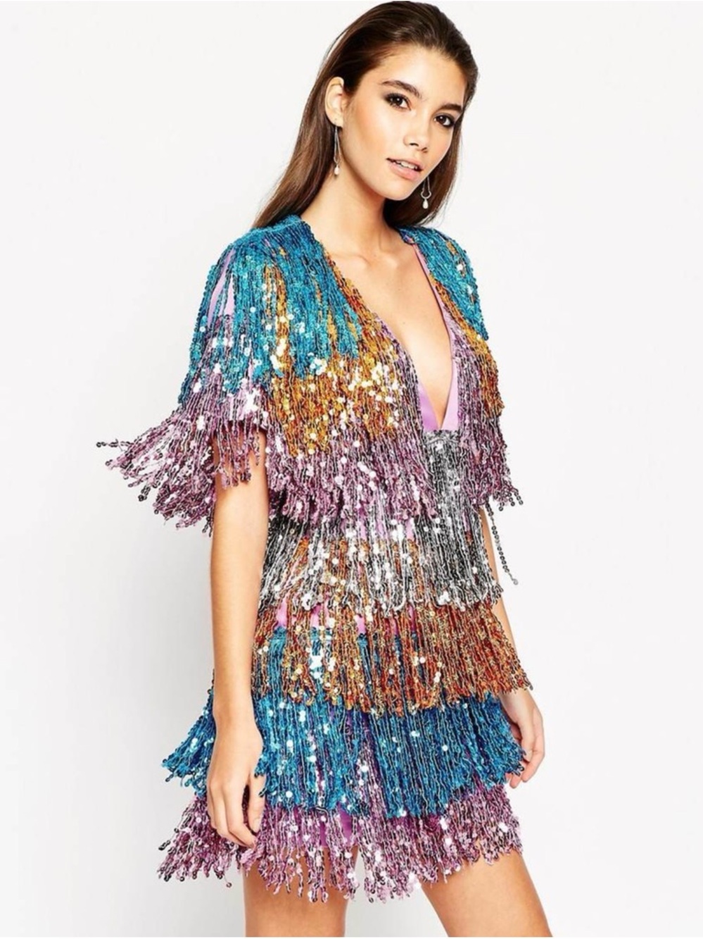 🩷 ASOS BNWT!  Sequin Fringe Mini Dress - Teal, Pink, Gold, Silver size 8 🩷
